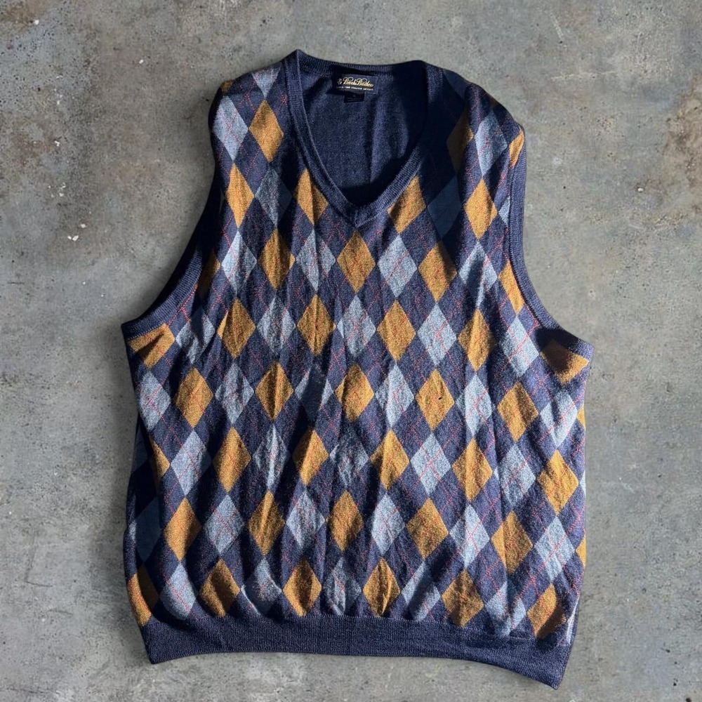 Brooks Brothers Mens XL Merino Wool Argyle Sweater Vest Navy Blue Mustard Preppy